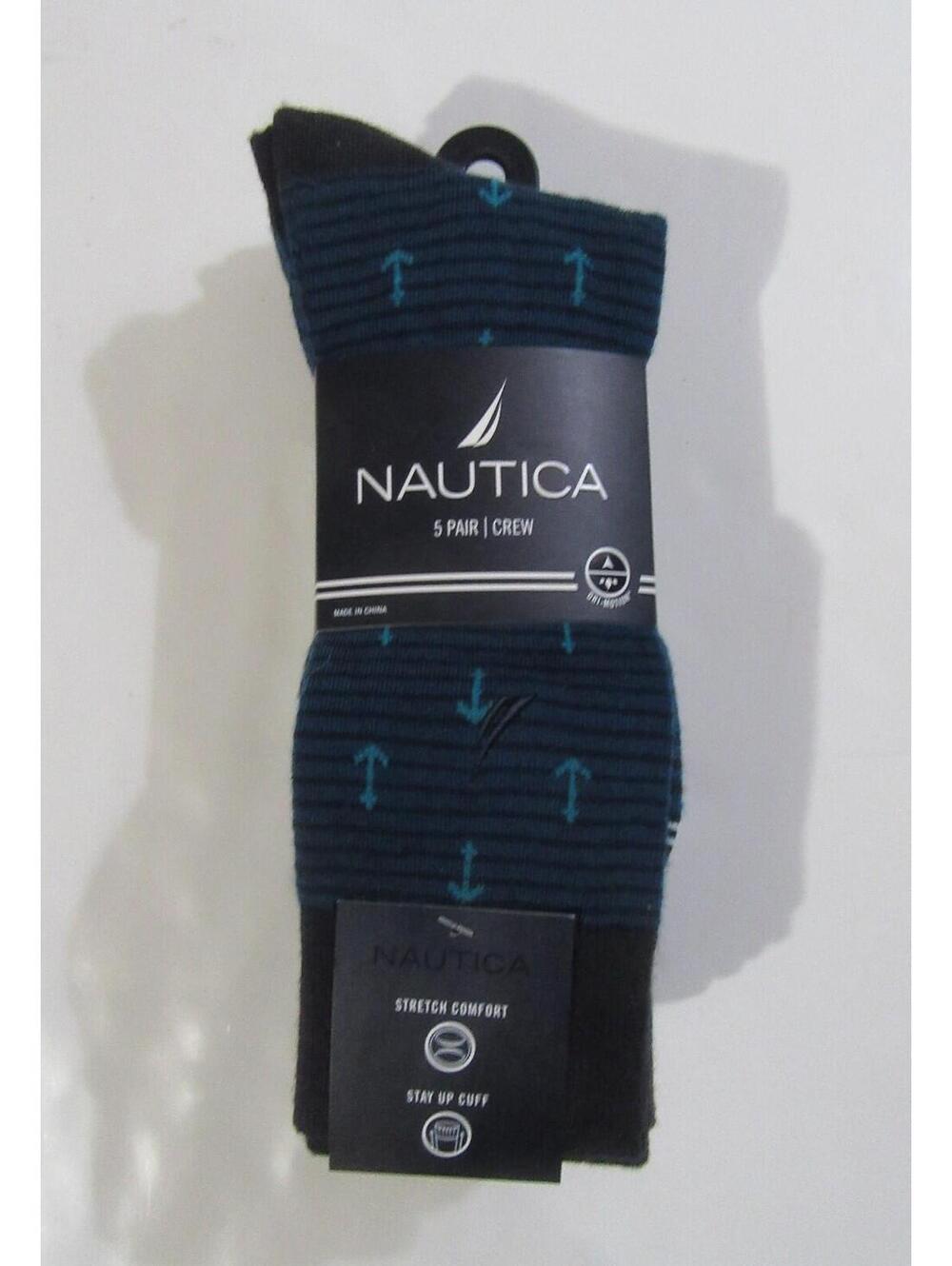 Nautica Mens 5 Pair Crew Dress Socks Navy Anchor Assorted Size 10-13 NWT NEW